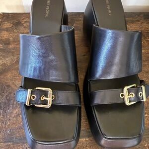 Free People Mila wedge slides Black Square-Toe Mules with Gold Buckle